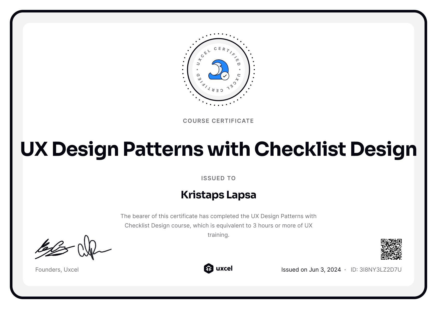 Kristaps Lapsa's certificate
